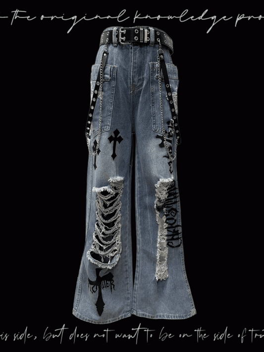 Jeans Wash Glamorous Flared Faded Blue Distressed Holes Cross Appliques