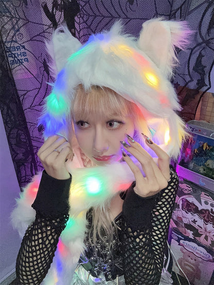 White Shaggy Scarf Gloves and Hat All-in-one with with LED Lights