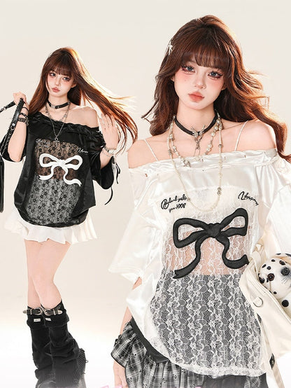 Black/White Big Off-the-shoulder T-shirt Lace Bow Patches Print Waist