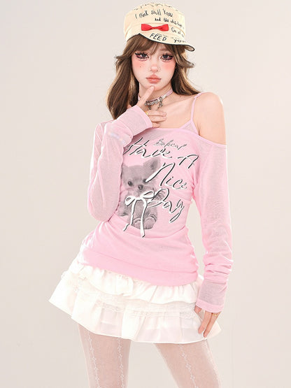 Haut slim à encolure asymétrique et imprimé chiot rose/blanc, faux deux-pièces