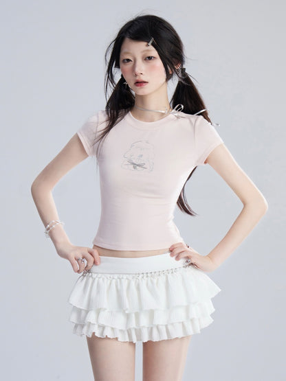 Mini Tiered Skirt Beige Low Balletcore Waist