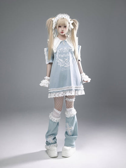 Blue Pointed Flat Collar Cutout Shoulder Lace Trim Jirai Kei Dress Light