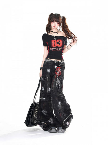 Black Asymmetrical Neckline Number Print Glamorous Cropped Top