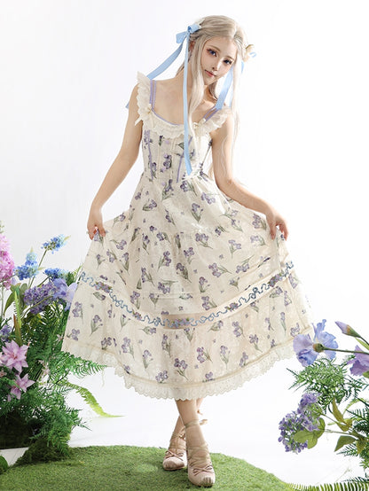 Neckline Jumper Skirt Beige Off-the-shoulder Purple Iris Embroidery
