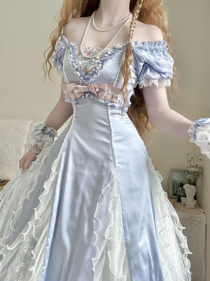 Blue Slim Fit Waist Floral Square Neckline Elegant Lolita Empire Dress