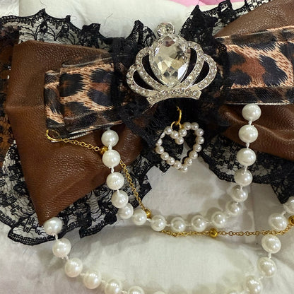 Rhinestone Hairclip Beaded Lace Pattern Trim Bowknot BlackBrown Crown Decorated Charm Leopard