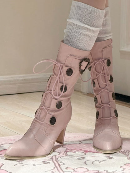 PU with Leather Toe Pointed Heels Lace-Up Lolita Sakura Mid-Calf Details Pink Design Boots Buckle -