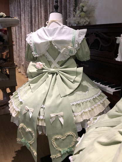 Heart Lolita Green Apron with Maid Matcha Collar Sweet Sailor Kitty-themed Dress