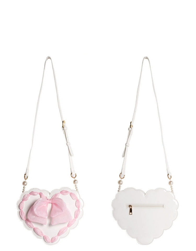 Two with Adjustable Handle Lolita Bag Strap Available Pearl Colors Bow Detail Heart-Shaped