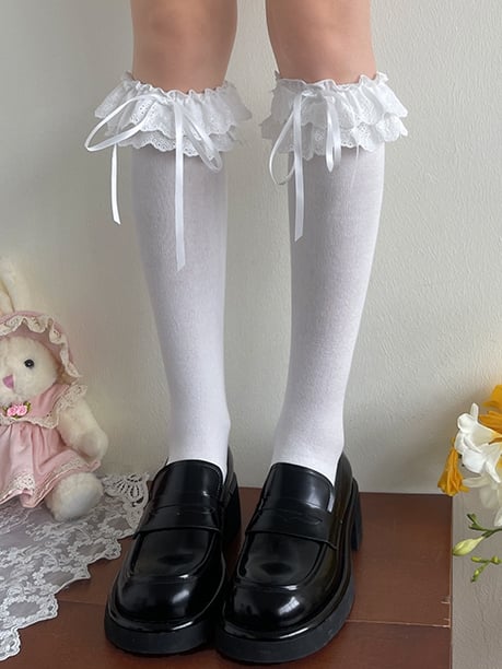 Under-Knee Trim White/Black Stockings Layers Lace Double Lolita