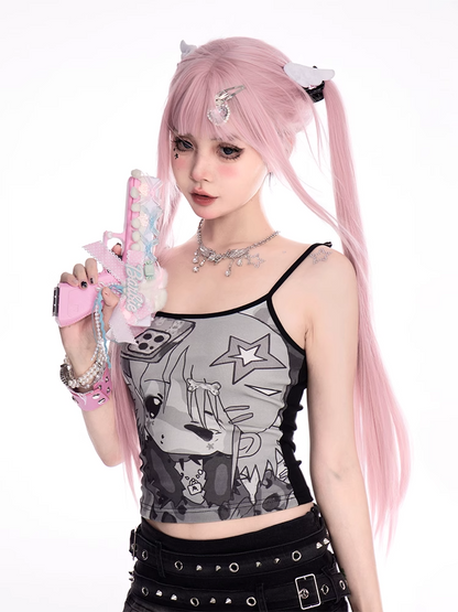 Y2K Cartoon Print Black Scoop Neckline Slim-fitting Cami Top