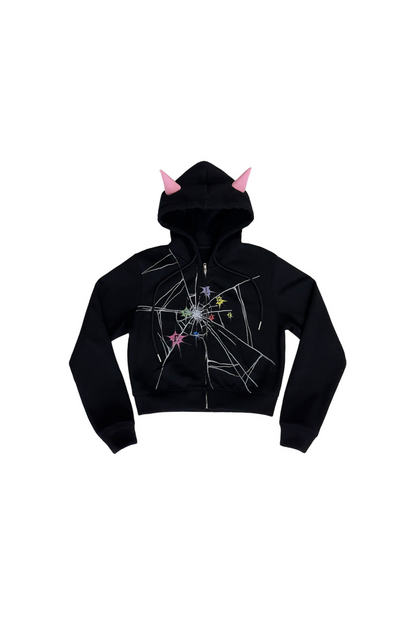 Devil Pointed Crackle Hooded Short Sweatshirt