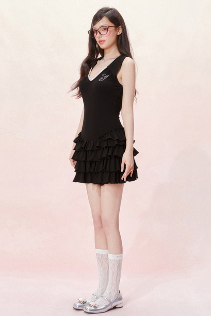 Slim Cake Dress Fit Sleeveless Chic Ruffle V-Neck