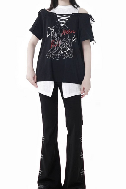 Lace-Up Flared Pants Illustrated Top Subculture + Girl