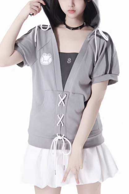 loose Lace-up skirt balloon top hooded t-shirt +