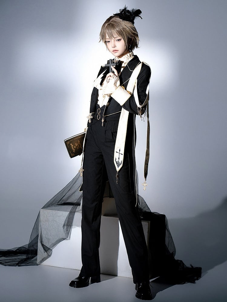 Ensemble complet style Prince Ouji Lolita : chemise à manches longues + manteau à col blazer + pantalon taille haute