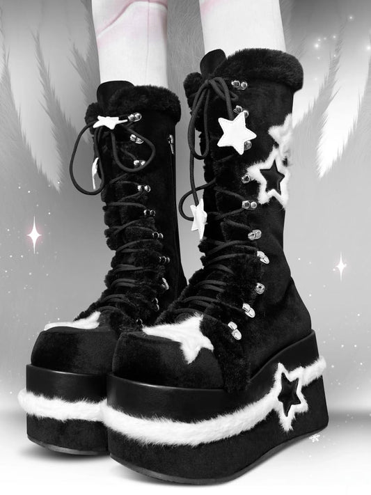 Fleece Star Patches Winter Black Platform Boots