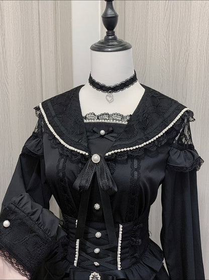 Pendant Trim Blouse Lace with Jirai Kei Black/White Sailor Collar Cutout Choker Shoulder Heart