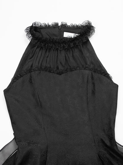 Panels Illusion Rosette All Jacquard Fabric Halter Prom Black Dress Neck Lace