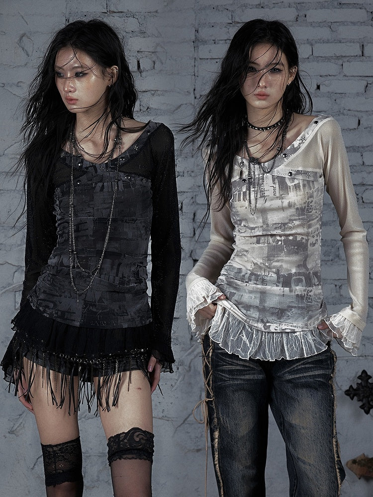 Trim Star Lace Wasteland Punk Studs Decorated BlackGray/Beige T-shirt And