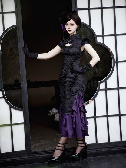 Cascading Black Vibes Qipao Trim Jacquard Purple Lolita Dress Qi Hem Cthulhu Ruffle