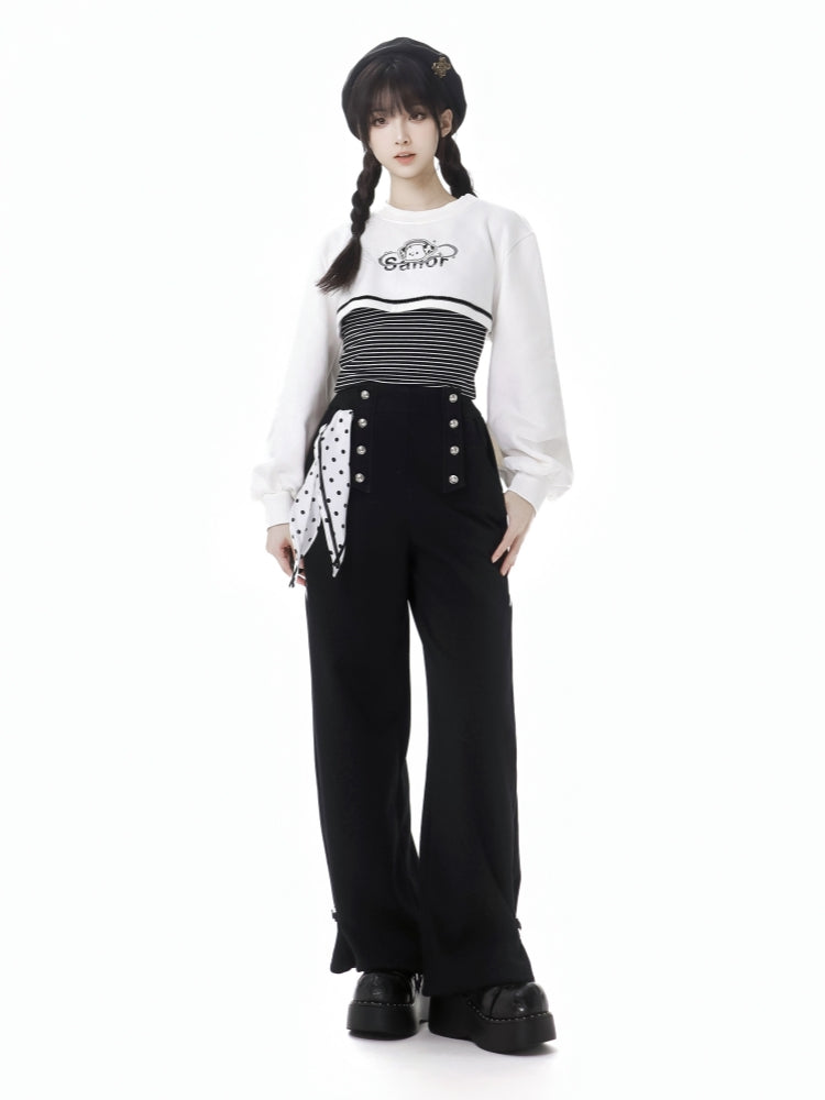 Striped Pattern Top with  Puppy Print Cropped Sweatshirt Set