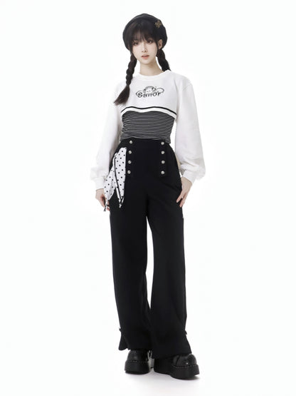 Striped Pattern Top with  Puppy Print Cropped Sweatshirt Set