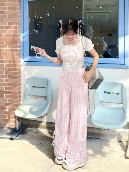 Pink Plaid High Waist Lace Bowknots Wide-Leg Pants Version Regular/Short