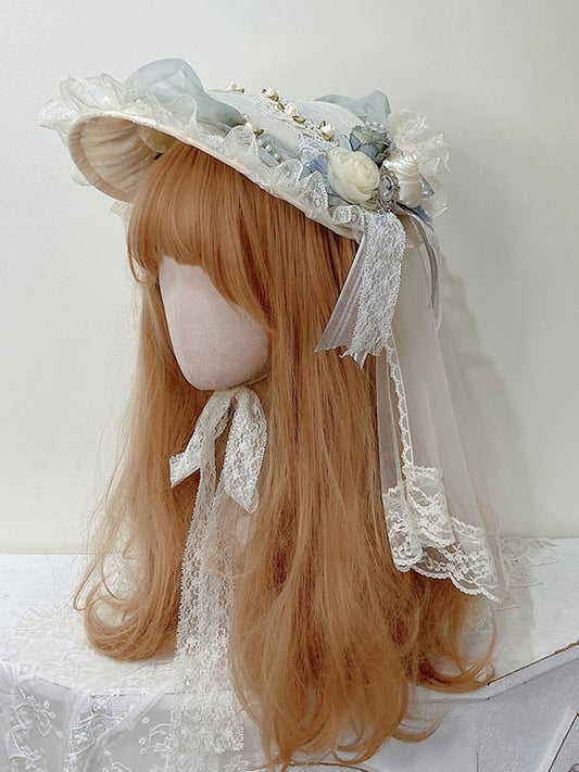 Dusty Blue Floral Design Elegant Flat Hat with Veil