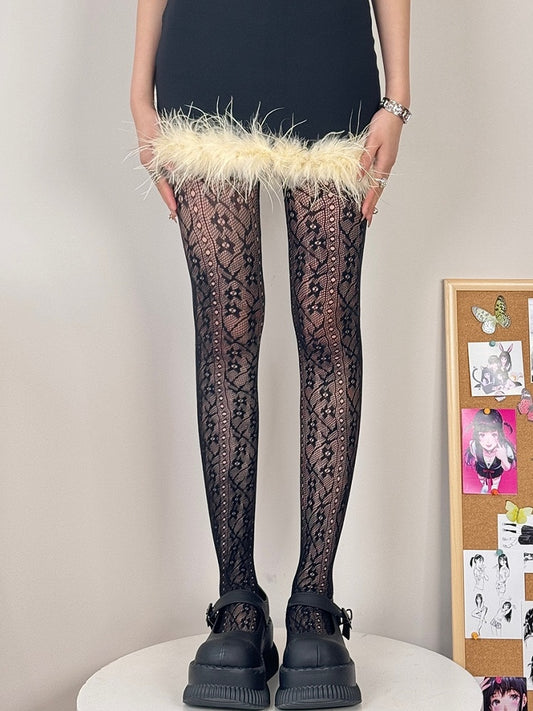 Design Tights Hollow-out Black/White/Gray/Brown/Blue Floral Pattern