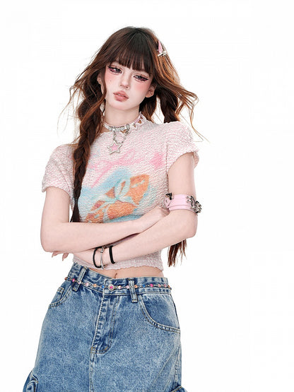 T-Shirt mit Grafik am Hals, Rosa/Weiß, Rundhalsausschnitt, Glamorous Cropped