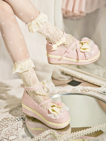 Floral at Platforms Heart Bow Design Beaded Buckle Chain Detachable Pink Lace With Trim Top