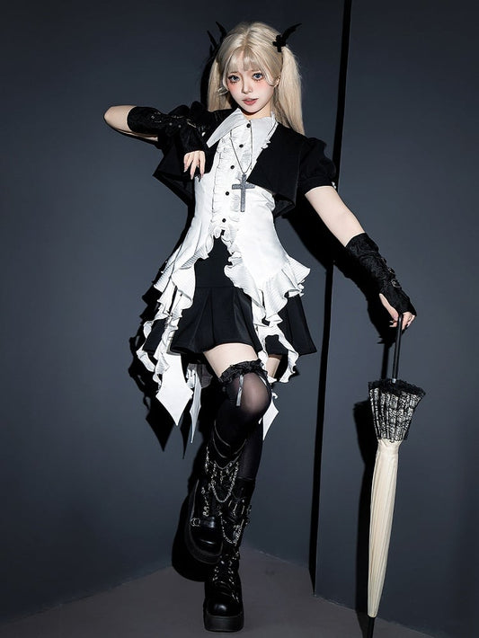 Cropped and Gothic Shirt Sleeveless White Lolita Set Black Full - Top Skirt +