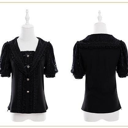 Jirai Kei Matrosenkragen, schwarze Bluse mit Strasssteinen, kurzen Ärmeln, herzförmiger Schleife und Verzierungen