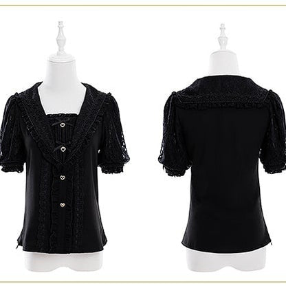 Jirai Kei Matrosenkragen, schwarze Bluse mit Strasssteinen, kurzen Ärmeln, herzförmiger Schleife und Verzierungen