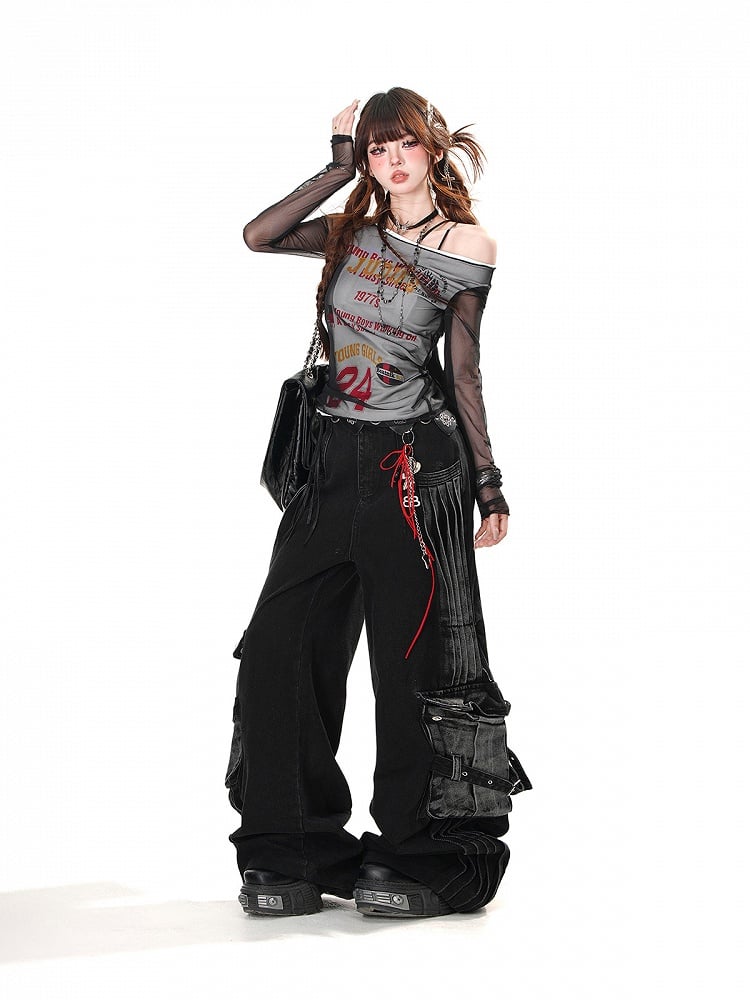 Pockets Black Wide-Leg Jeans Faded Wash Cargo Loose Acubi Fashion