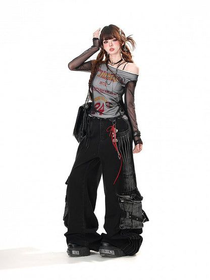 Pockets Black Wide-Leg Jeans Faded Wash Cargo Loose Acubi Fashion