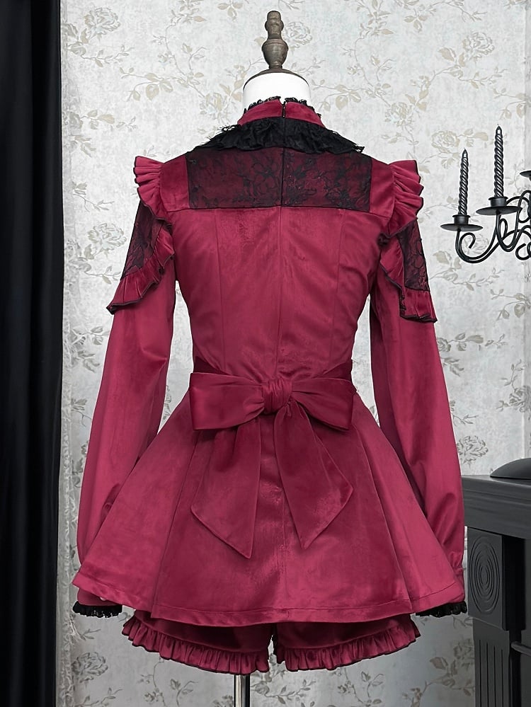 Wine Red Jirai Kei Set Contrast Lace Patches Velvet Landmine Style Dress + Bow Tie + Ruffle Cuffs Shorts