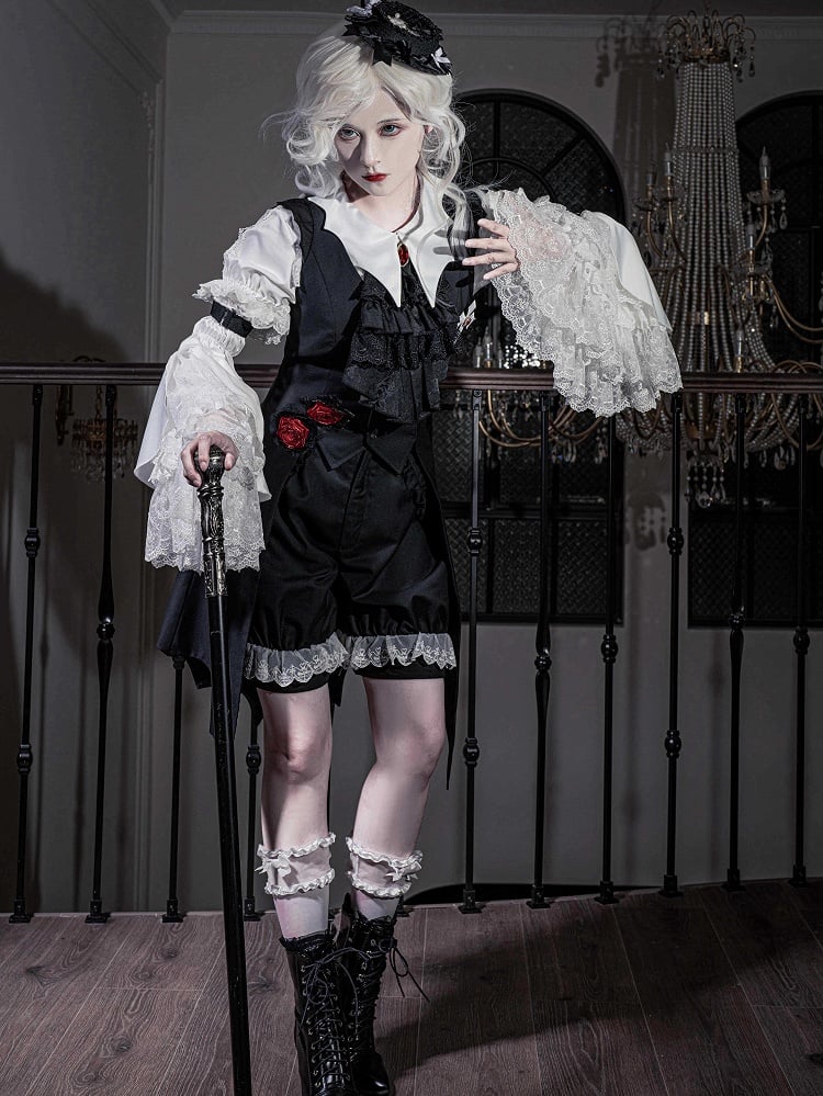 Fashion Ouji White Cuffs Shorts Lolita Lace Trimming Black