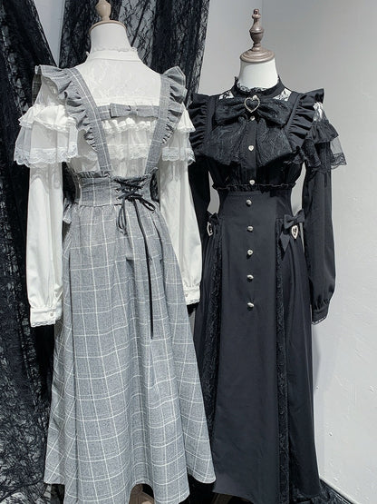 in Overall Sleeves Plaid Long Flutter Black/Gray Detachable Rhinestone Kei Skirt Jirai Accents with Style
