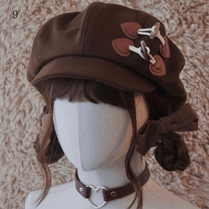 Brown Beret Decorated Button Hat