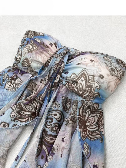 Blue Holiday Ruffle Print Top Tube Accents Design Cascading