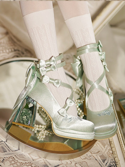 Elegante Block Plateau Blume Grün High Heels Absatz Kamelie