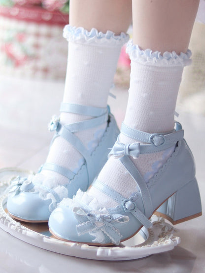Blue at Heart Lace Top Patch Mid Heels Bow Ruffles Lolita
