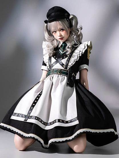 Dress Short Military Full Lolita Flutter Sleeves and Maid Apron Set Black