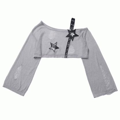 Coverup Black/Gray Star Distressed Holes Punk Rock Strap Hollow-Out Cropped