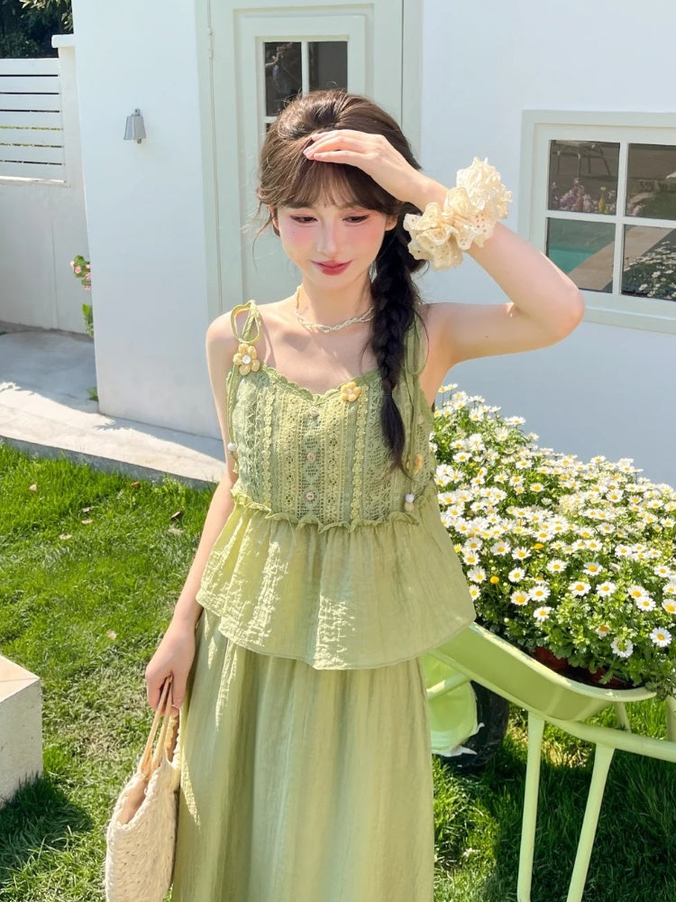 Mori Kei Green Knitted Floral Accents Cami Top