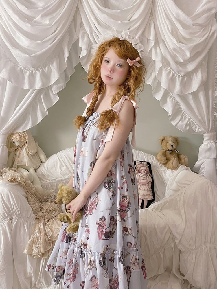 Angel Print Flounce Hem Pajama Dress