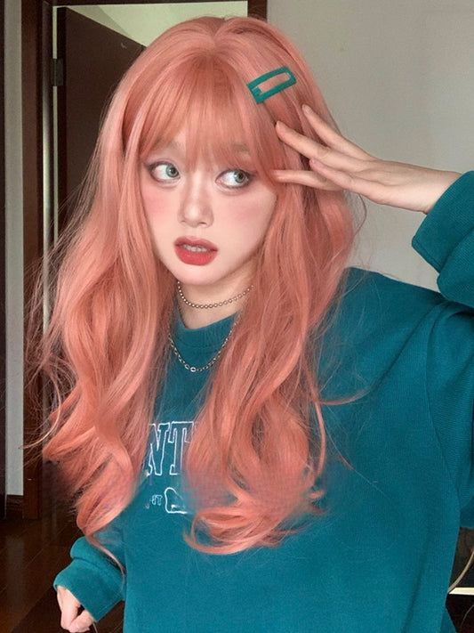 Wavy Pink 65CM Length Air Bangs With Wig