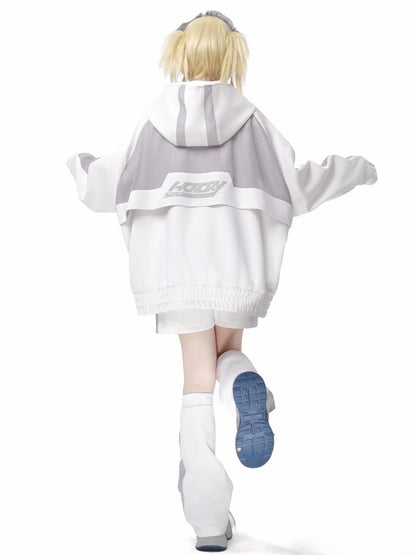 Sweat à capuche zippé en maille blanche et grise Jirai Kei